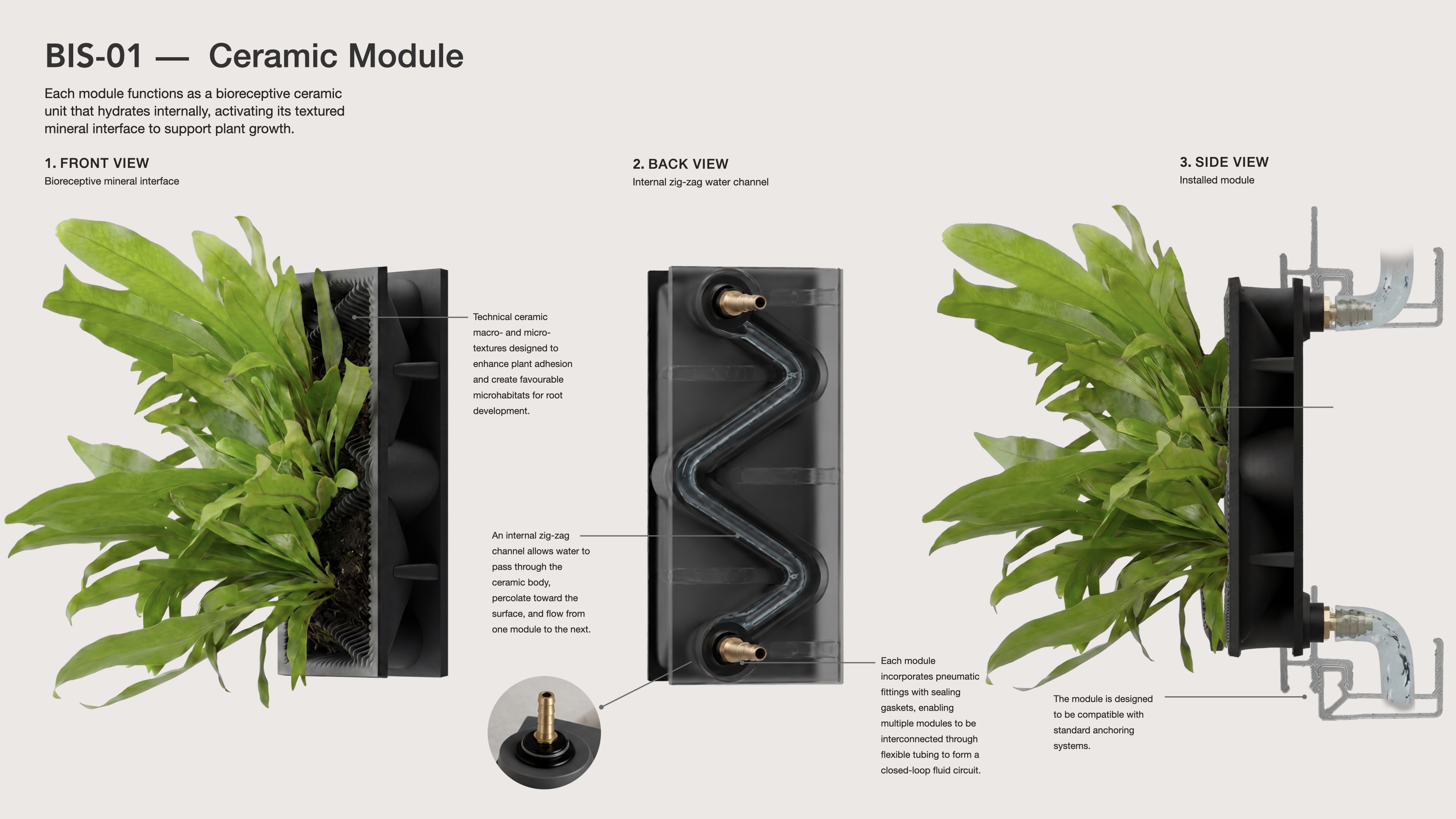 Ceramic module front, back and side views showing internal zig-zag irrigation channel and plant interface.