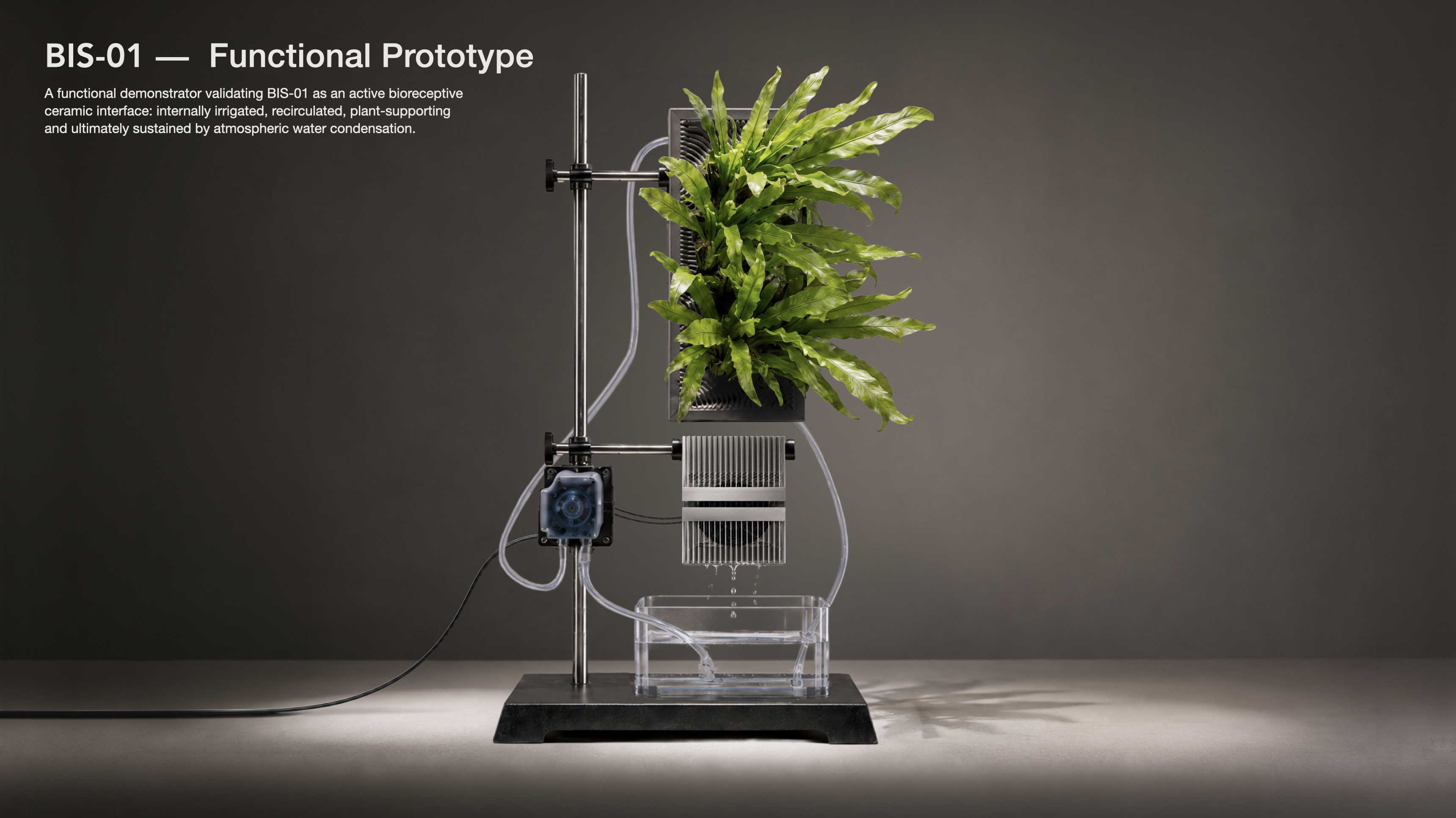BIS-01 functional prototype with ceramic module, plant, pump, reservoir and condensation unit.