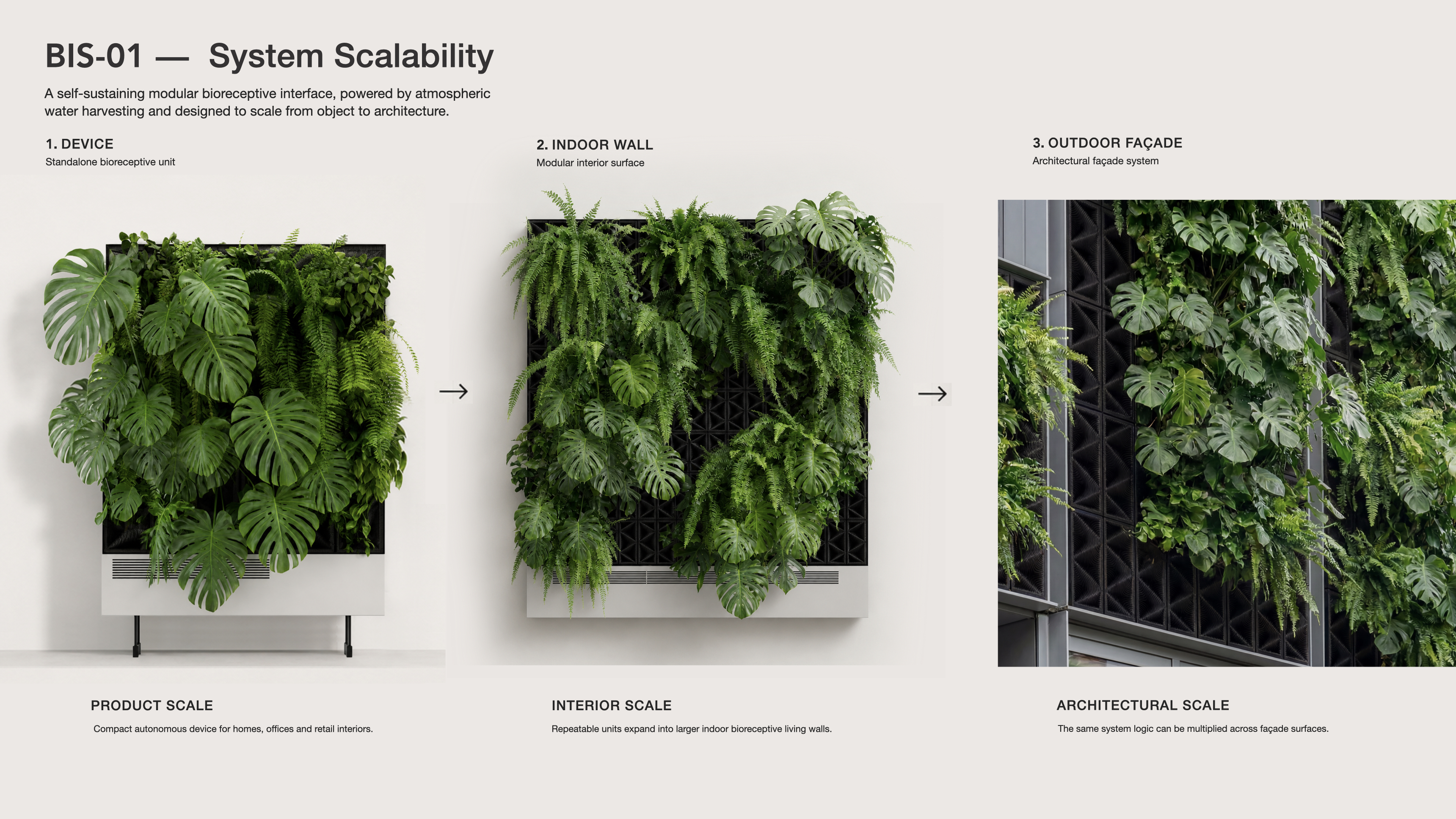 BIS-01 system scalability from product scale to interior wall and architectural façade.